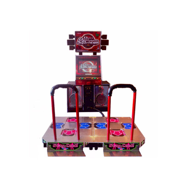 An arcade Dance Dance Revolution SuperNOVA cabinet with a large screen displaying game graphics. The game features a dance platform with four directional arrows (up, down, left, right) in pink and blue, along with two sturdy handrails for support. Two speakers are visible on either side of the cabinet.