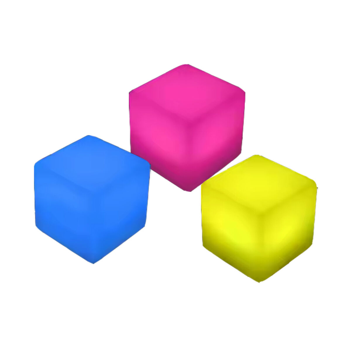 The image shows three luminous cubes: one blue, one pink, and one yellow. They are arranged in a triangular layout against a white background, showcasing their translucent quality and colors.