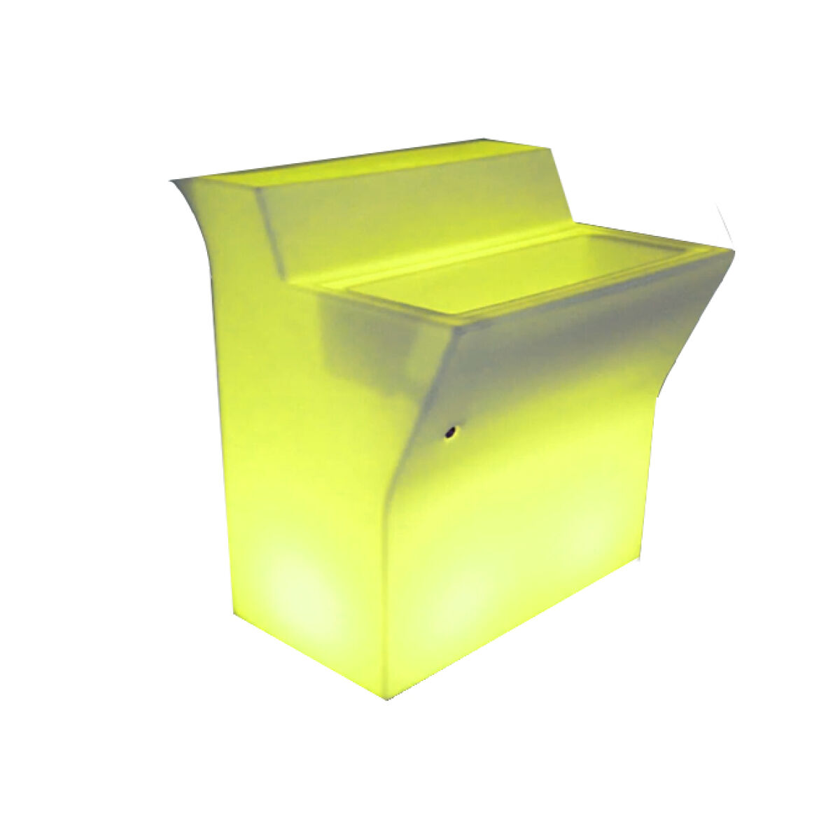 A brightly illuminated yellow portable bar with a smooth, modern design. It features a flat top and a front opening.